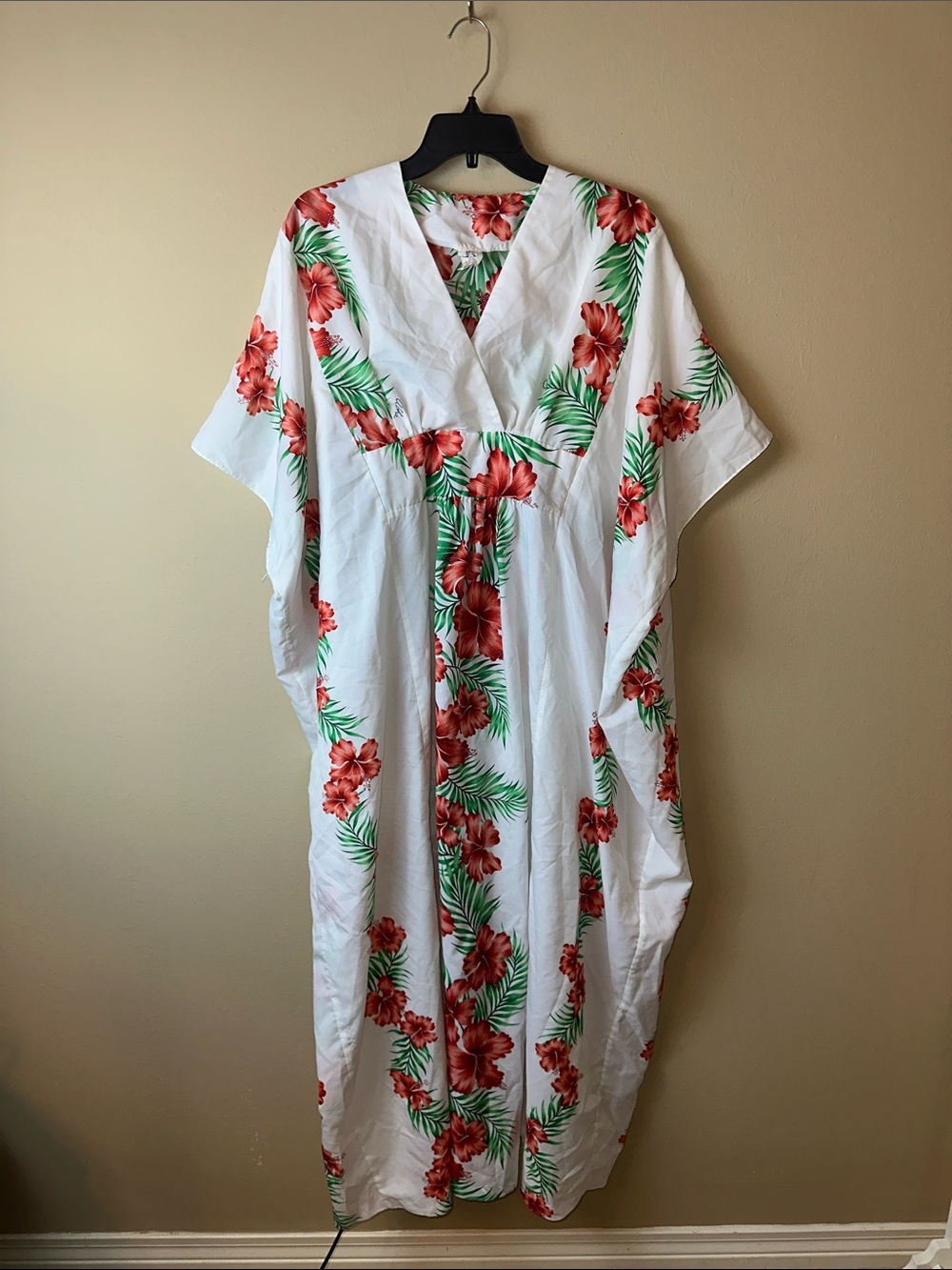 White Floral Maxi Dress with Red Hibiscus Print